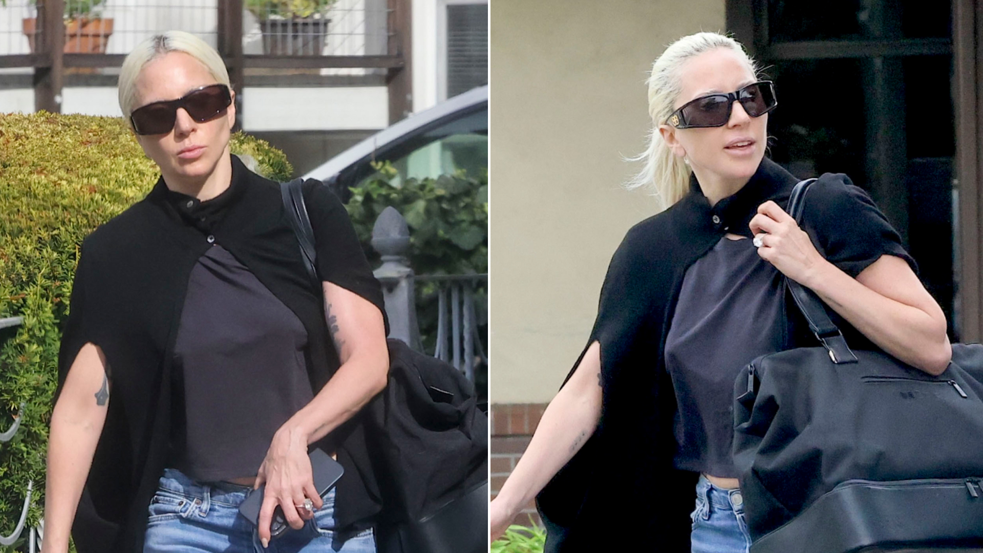 Lady Gaga carries a massive Beis bag and wears platform shoes and distressed jeans