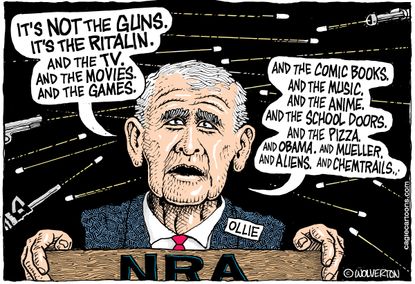 Political cartoon US NRA Oliver North gun control school shootings