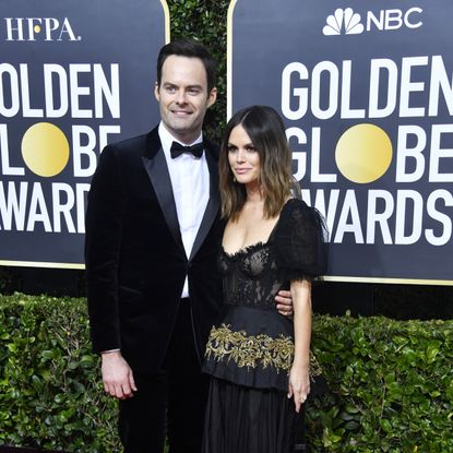 Bill Hader and Rachel Bilson pose together on the red carpet.