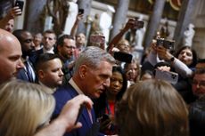 Kevin McCarthy speaks with a crowd of reporters