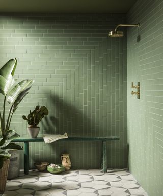 A green tiled shower enclosure with shower bench and indoor houseplants and white/grey geometric shower floor tiles