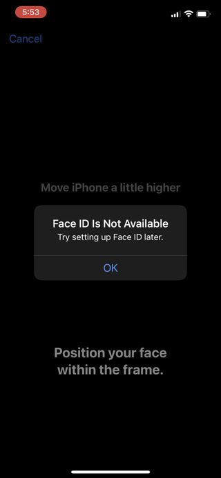 A screenshot from the iOS 15.7.1 Release Candidate that shows the Face ID Not Available error