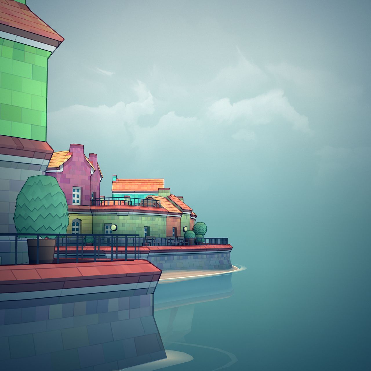 Townscaper town at various angles in daylight