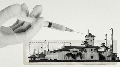 Photo collage of a huge syringe full of Botox hovering over Mar-a-Lago