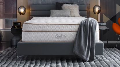 A Saatva Classic Mattress in a modern bedroom