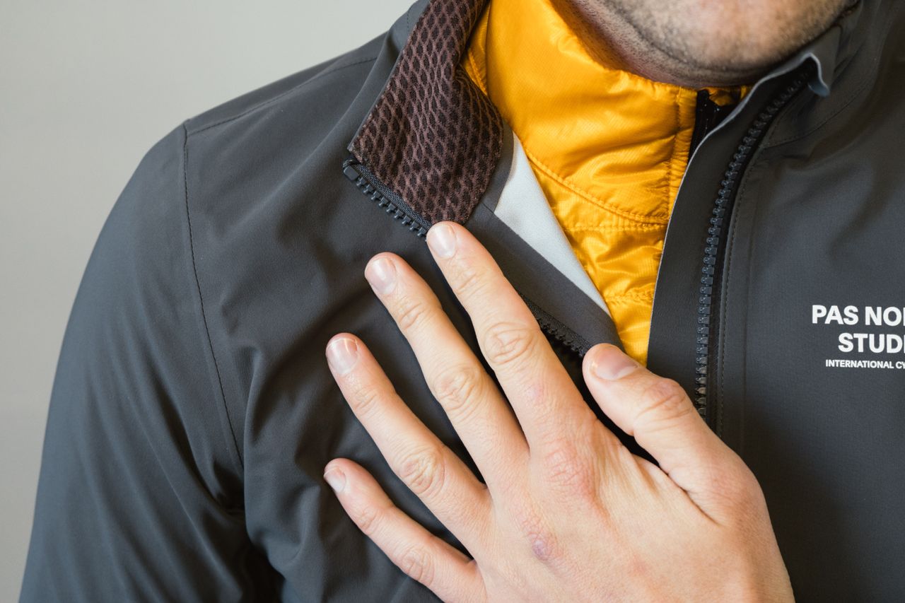 Detail shots of a grey waterproof cycling jacket