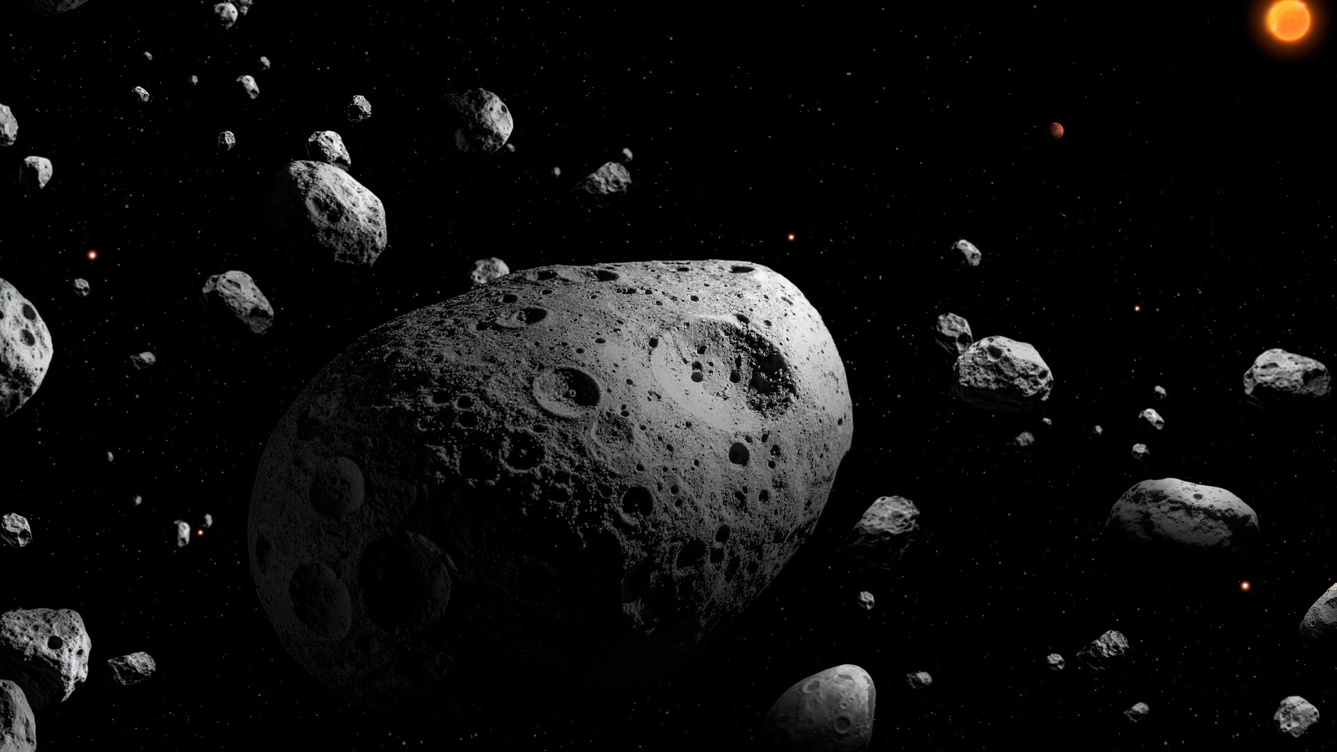 An illustration of a large round asteroid covered in craters surrounded by smaller asteroids with a orange glowing sun in the top left of the image. 