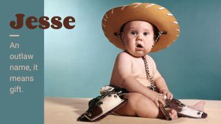 blue background with a baby wearing a cowboy hat illustrating country baby names