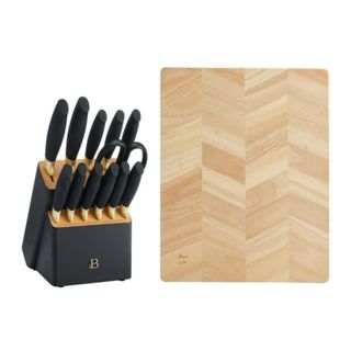 Beautiful 14-Piece Black & Gold Knife Block Set with 11x14 Herringbone Wood Cutting Board