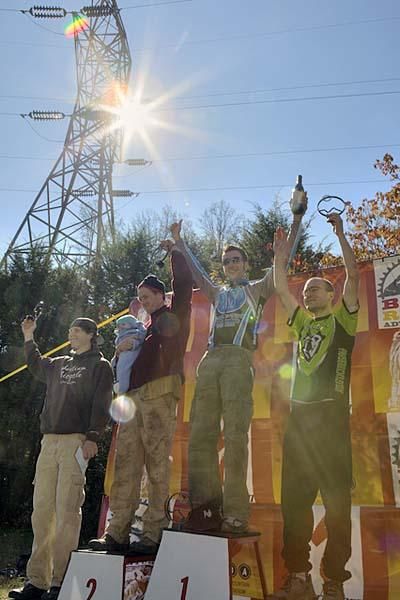Elite men's podium: Jeremiah Bishop won it ahead of Sam Koerber, who stands on the podium with his baby daughter.
