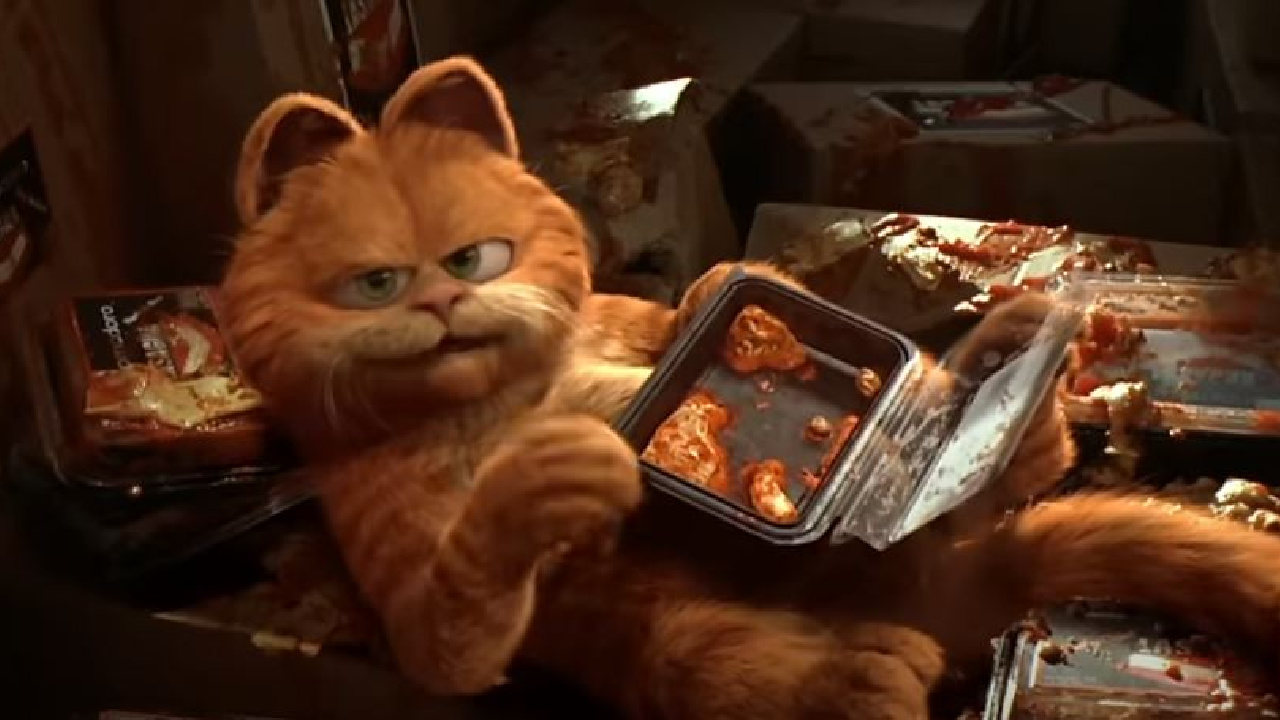 Garfield eating Lasagne in Garfield: The Movie.