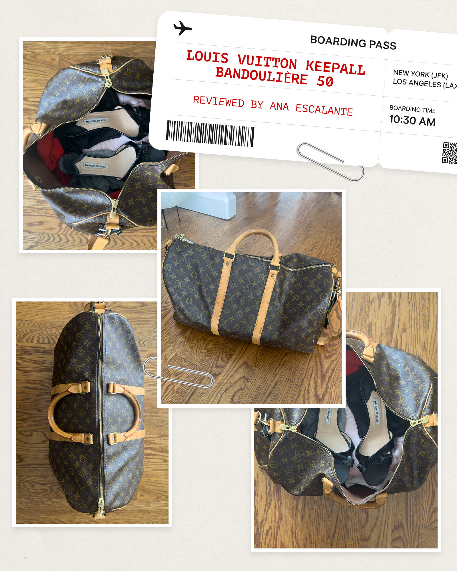 Collage of the Louis Vuitton Keepall Bandouliere 50.