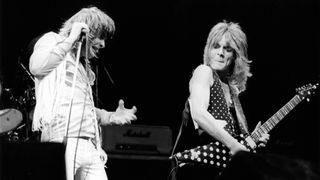 Ozzy Osbourne (left) and Randy Rhoads perform onstage in 1980