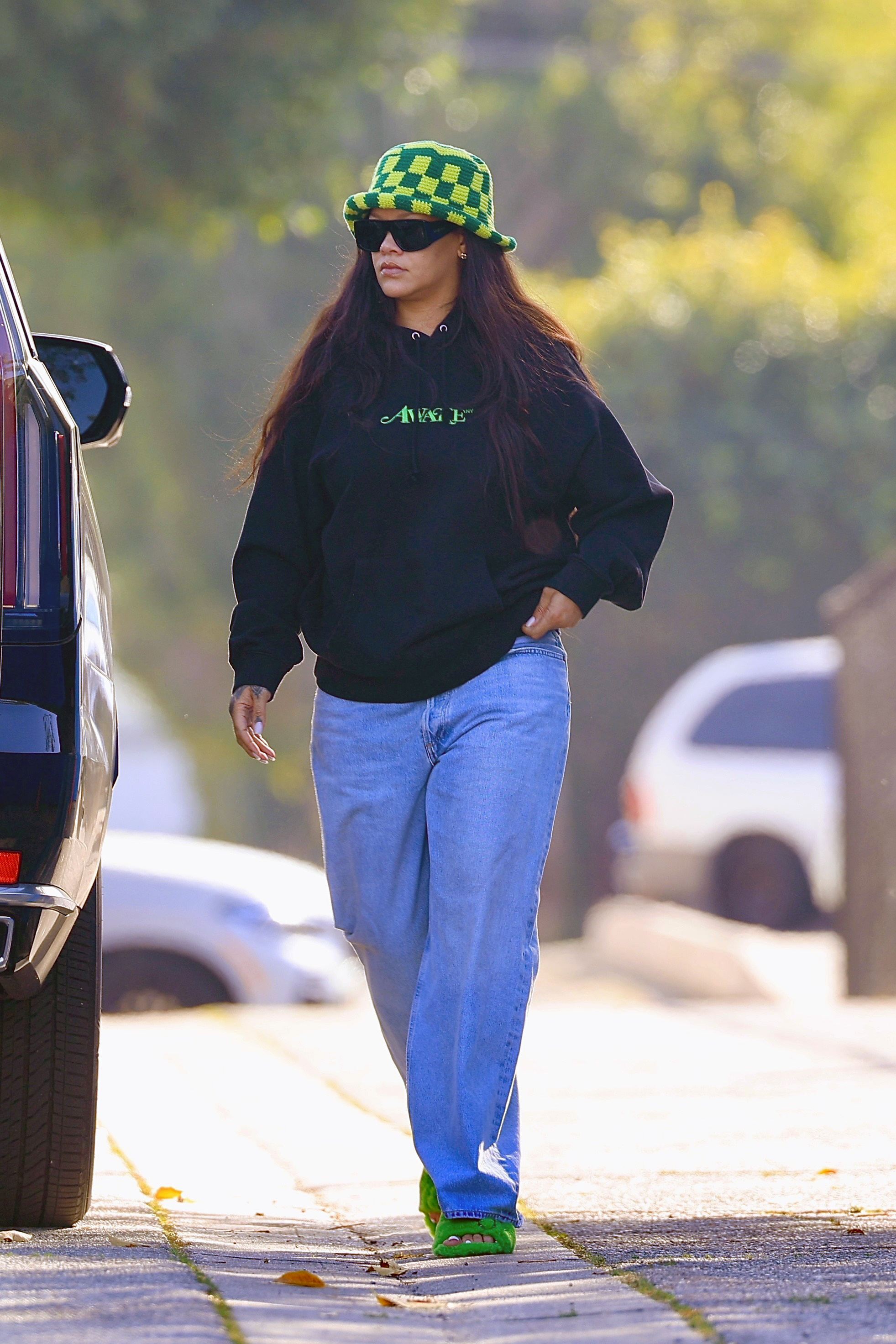 Rihanna traded her ultra-baggy jeans for a slightly slimmer straight-leg pair in L.A.
