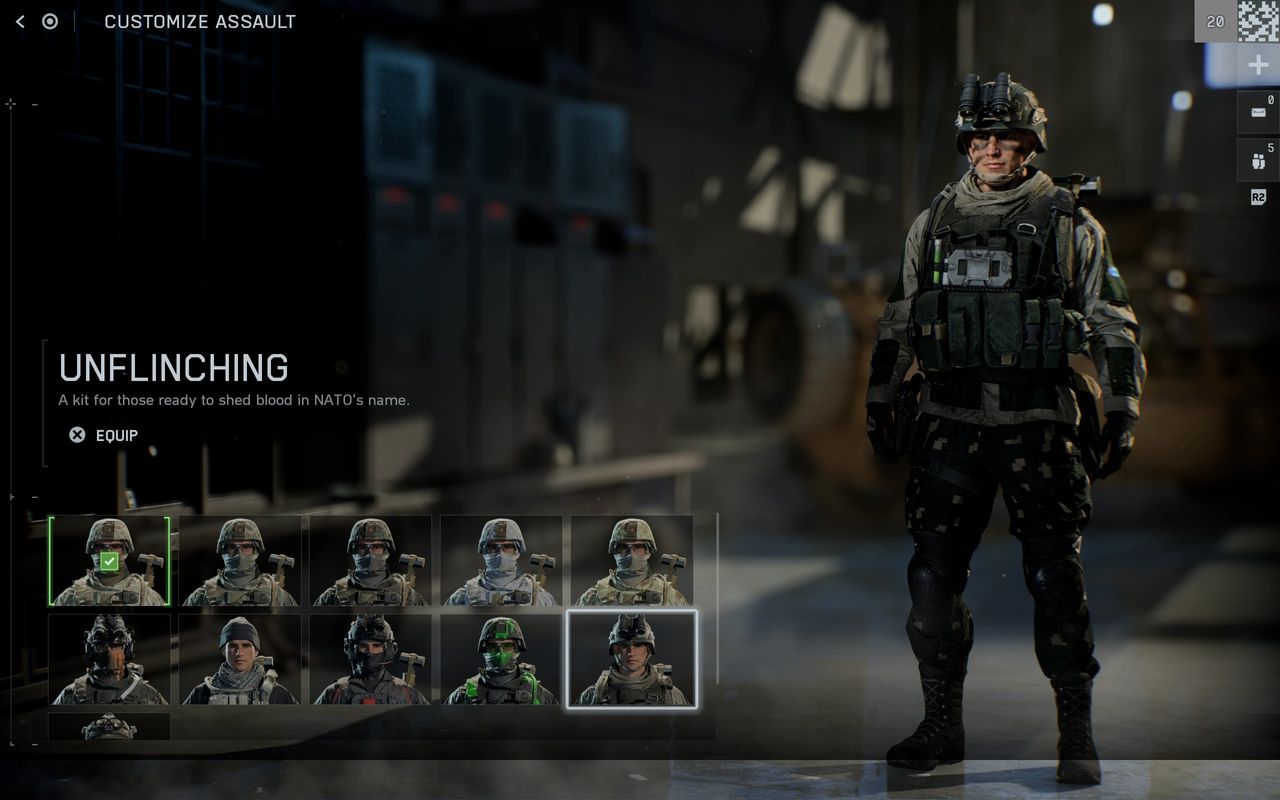 Battlefield 6 Season 1 skins: The Unflinching skin in the soldier customisation menu.