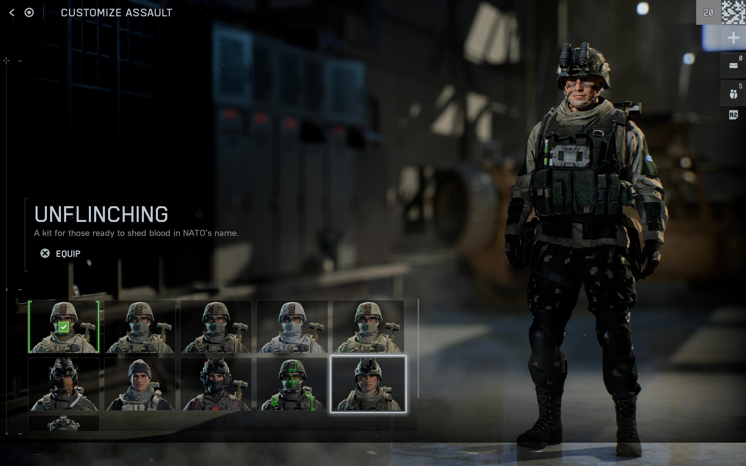 Battlefield 6 Season 1 skins: The Unflinching skin in the soldier customisation menu.
