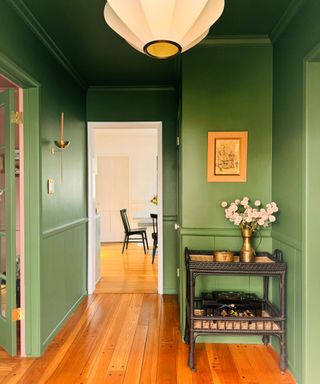 green color-drenched hallway with wooden floors