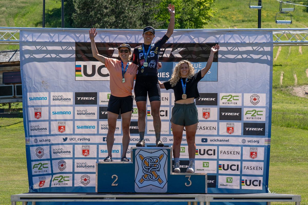Elite women's podium at 2024 Blue Mountains Gravel Fondo, part of the UCI Gravel World Series