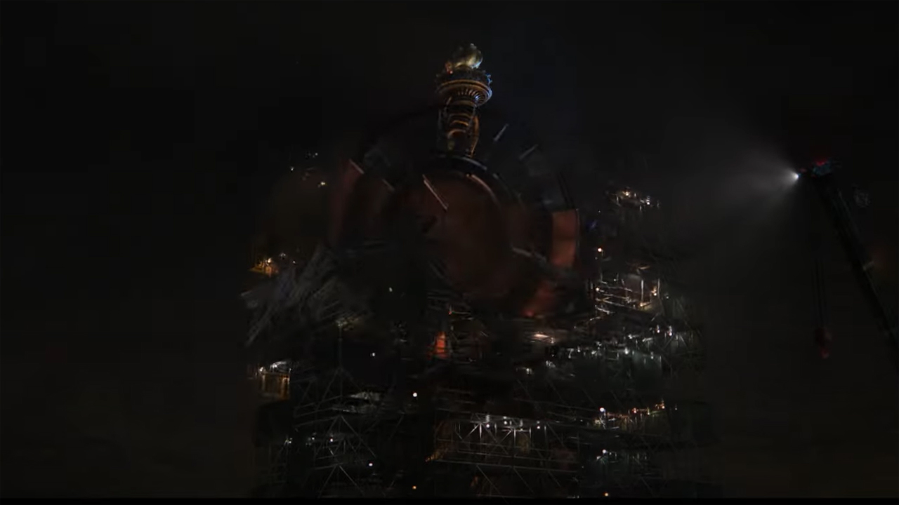 Captain America's giant shield destroying some scaffolding in Spider-Man: No Way Home