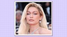 Gigi Hadid attends the "Firebrand (Le Jeu De La Reine)" red carpet during the 76th annual Cannes film festival at Palais des Festivals on May 21, 2023 in Cannes, France/ in a purple/ blue template