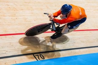 Netherlands' Harrie Lavreysen competes during the men's 1 km time trail qualifying race of the UCI Track Cycling World Championships in Ballerup, Denmark