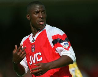 Kevin Campbell gestures while playing for Arsenal against Norwich City, 1992