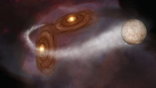Two disks with bright centers are perpendicular to one another in the center of the image. A rogue planet appears to be zooming away from that scene, leaving behind a hazy trail.
