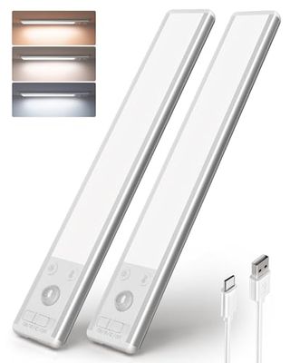 Ezvalo Under Cabinet Kitchen Lights, 80 Led Motion Sensor Lights Indoor 3 Color Temps, 1900mah Rechargeable Wireless Dimmable Under Counter Lights for Kitchen, Stairs, Wardrobe, Hallway(2 Pack)