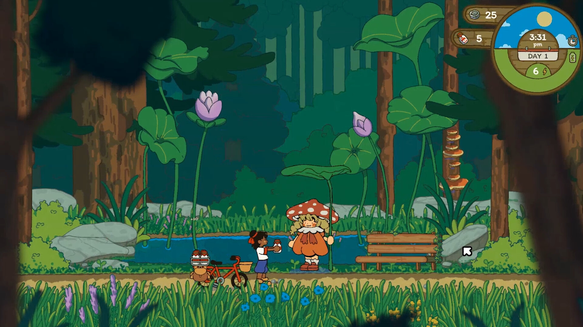 A young girl next to a red bicycle hands a bottle of milk over to a woman with a mushroom cap on her head who holds a leaf umbrella in indie game, Milki Delivery