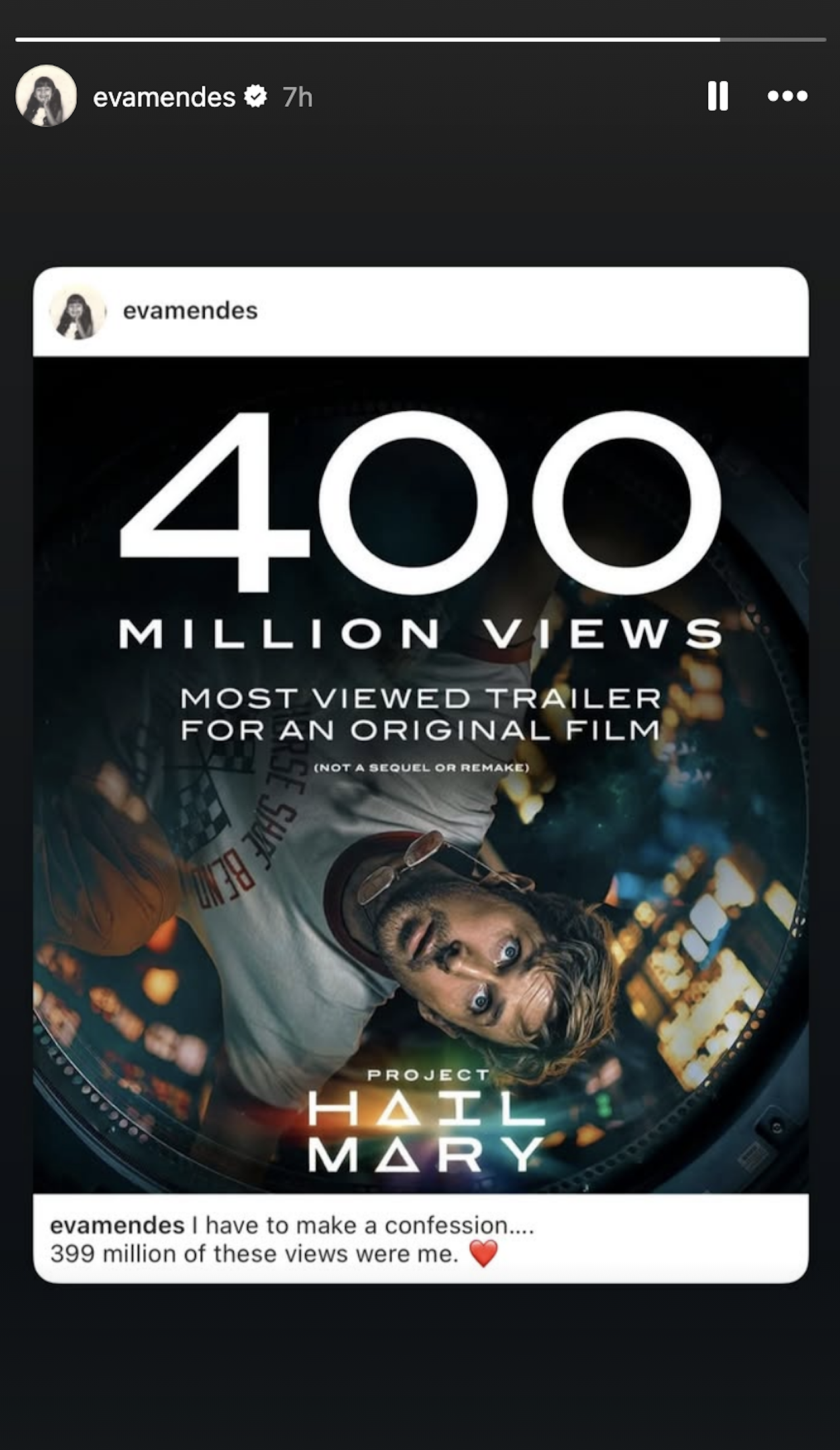 Eva Mendes shares Project Hail Mary becoming most viewed trailer for an original film at 400 million views on July 9, 2025