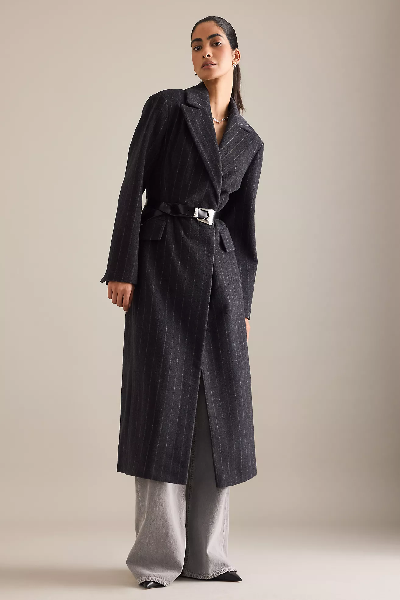 By Anthropologie Pinstripe Hourglass Wool-Blend Coat