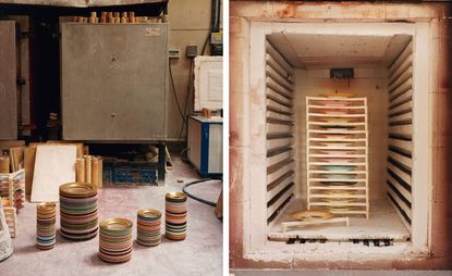 Left: Stack vases designed to look like a stack of plates. Right: plates stacked in a loaded kiln