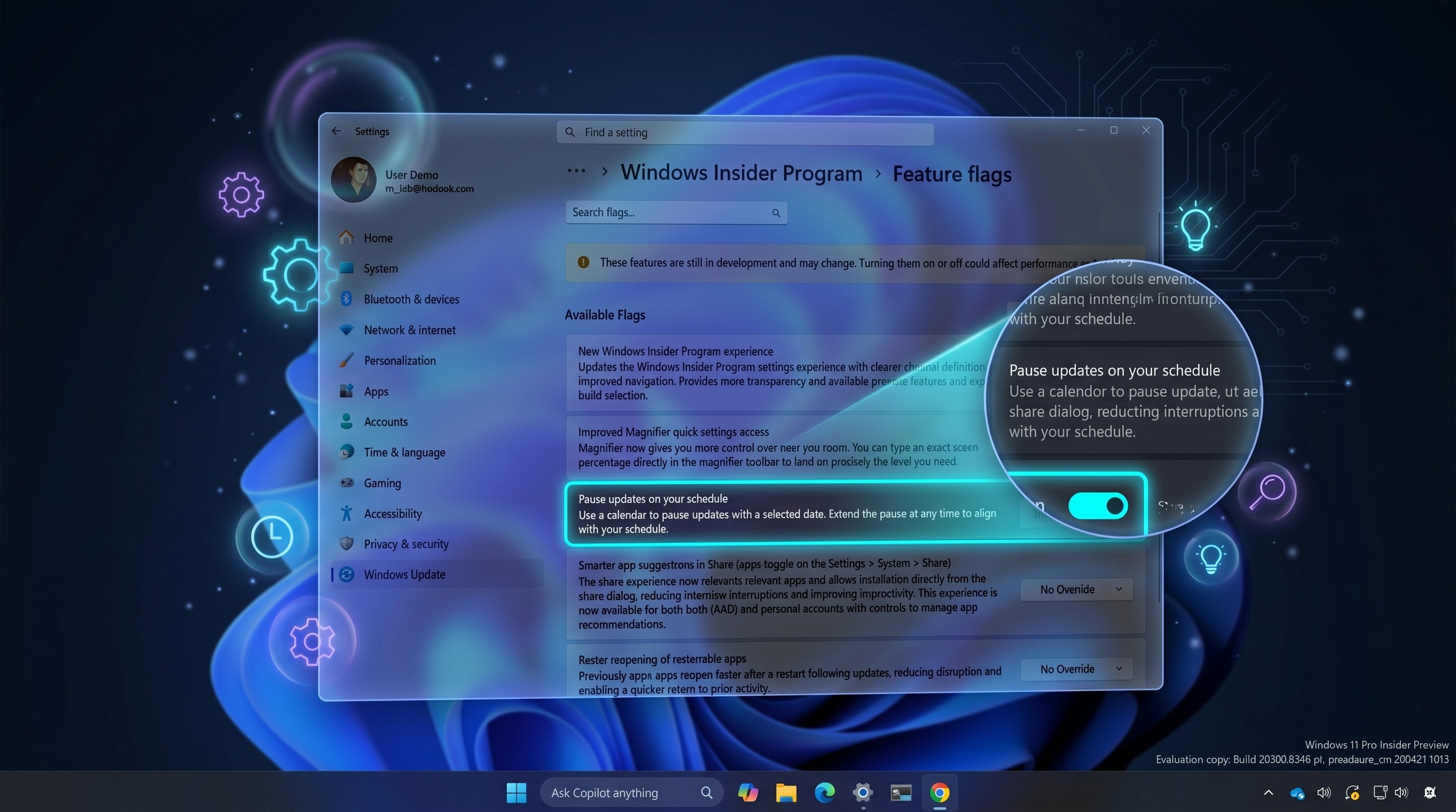 Windows Insider Program settings screen with feature flags. A highlighted toggle labeled 'Pause updates on your schedule' is switched on, set against a blue, futuristic background.