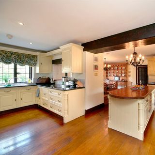 kitchen with white cabinets and wooden flooring