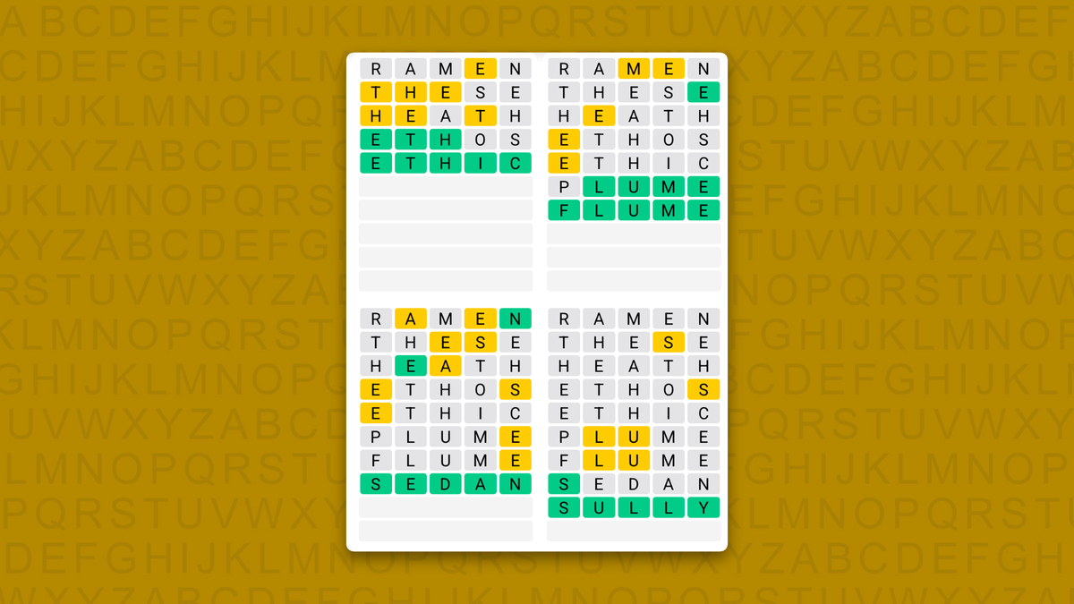 Quordle Daily Sequence answers for game 1721 on a yellow background