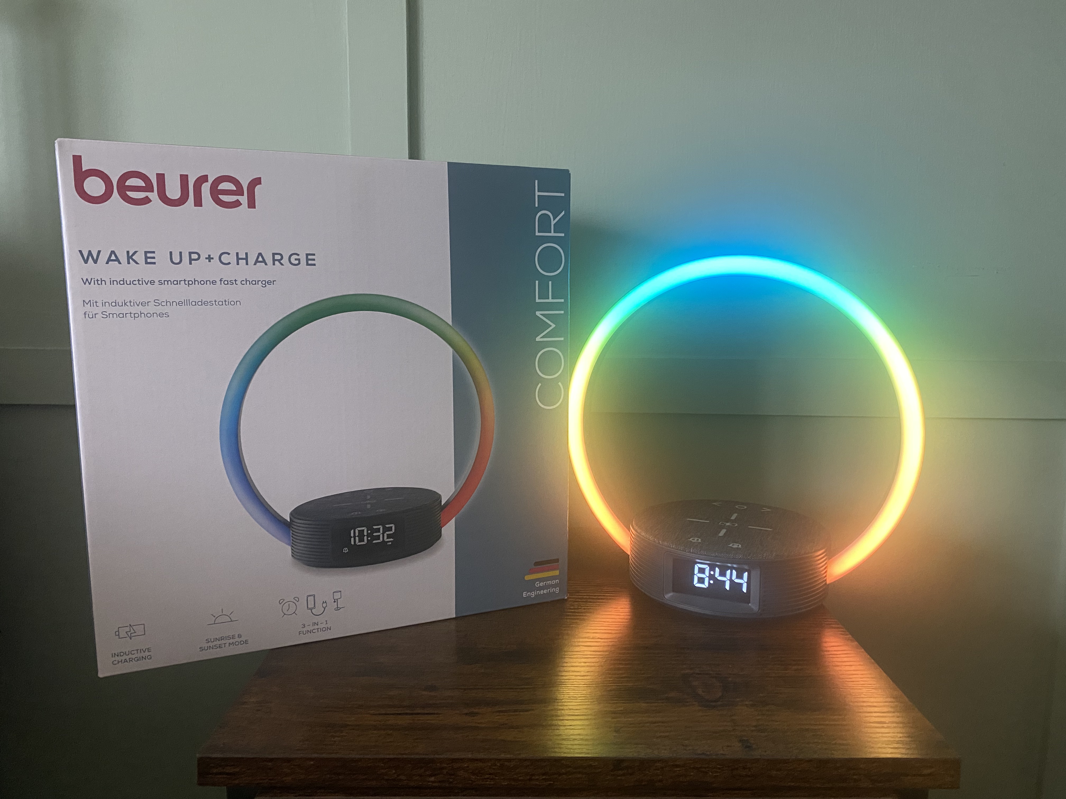Beurer WL65 Wake-up & Charge clock next to its box