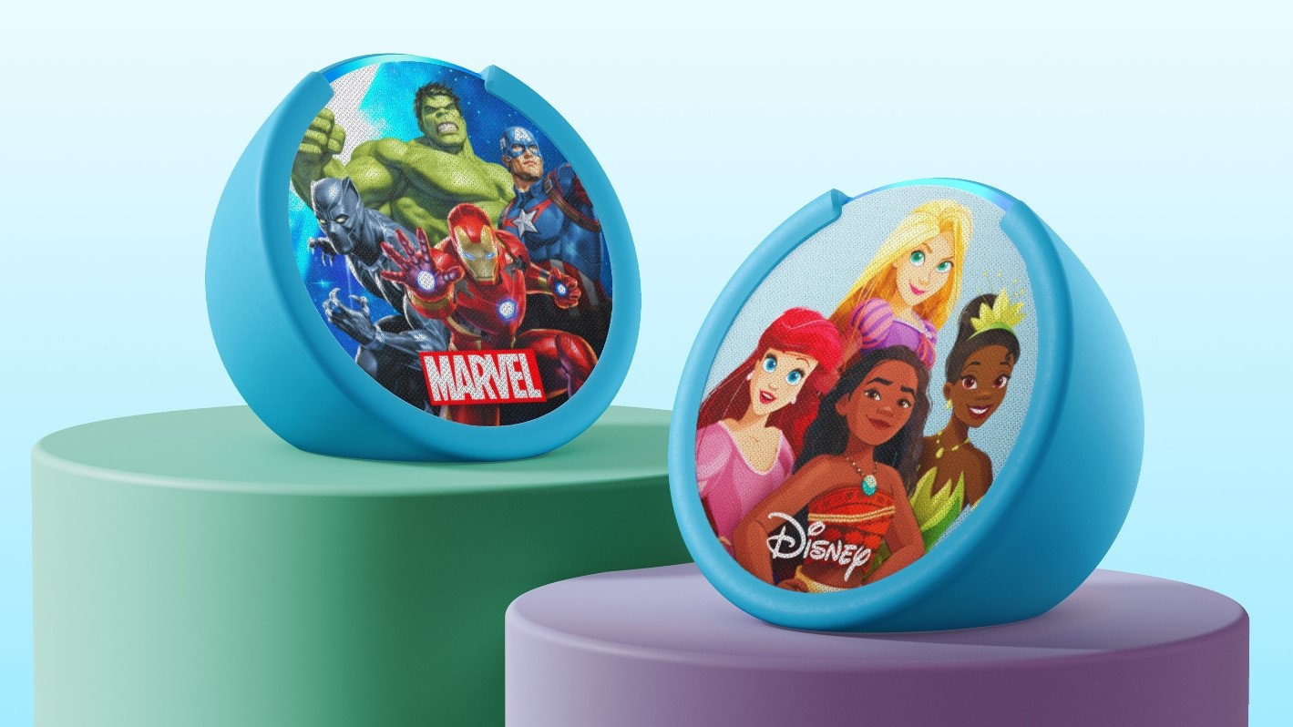 Amazon&#039;s new Echo Pop Kids featuring Marvel&#039;s Avengers or Disney Princess themes.