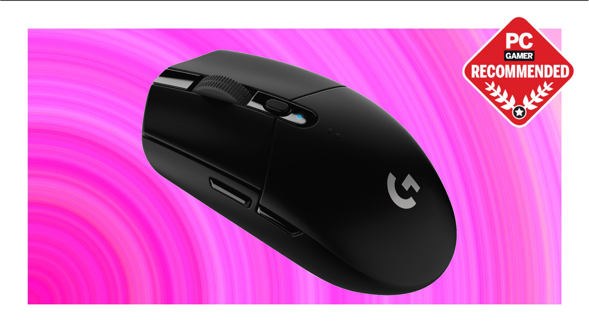 The Logitech G305 LIGHTSPEED wireless gaming mouse floats in the swirling pink PC Gamer Recommended deal void.