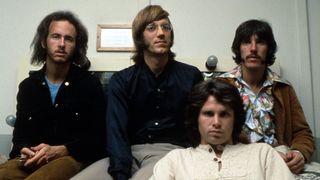 The Doors L-R Robby Krieger, Ray Manzarek, Jim Morrison an John Densmore pose for a portrait circa 1968. 
