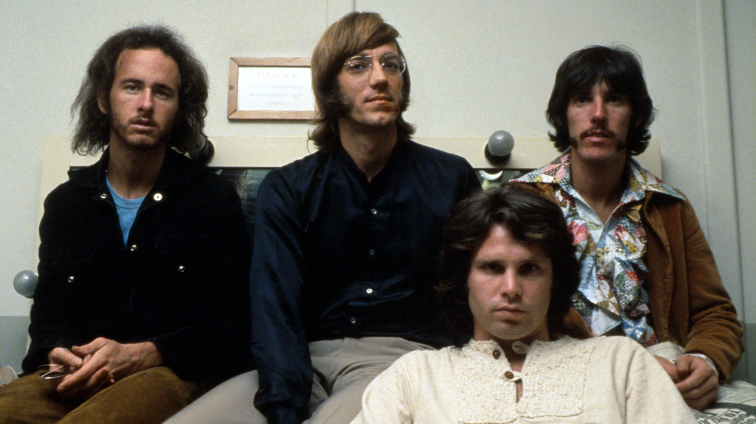 The Doors L-R Robby Krieger, Ray Manzarek, Jim Morrison an John Densmore pose for a portrait circa 1968.