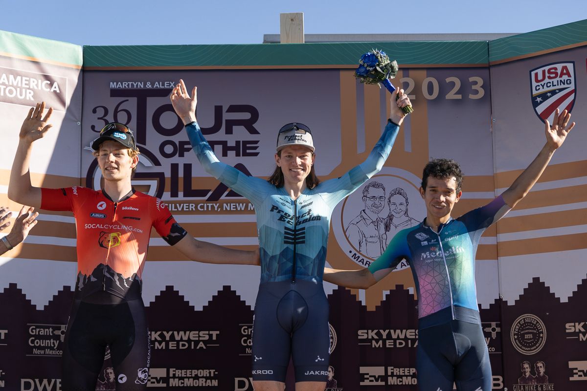 Men's stage 4 podium (L to R): Theodore Obholzer (SoCalCycling.com) in second, stage 4 winner Cade Bickmore (Project Echelon Racing) and Brayan S&aacute;nchez (Team Medell&iacute;n-EPM in third)