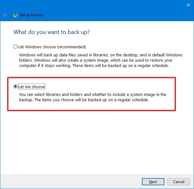 Windows 10 backup manual file selection option