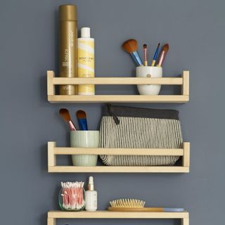 wood wall shelves with beauty storage