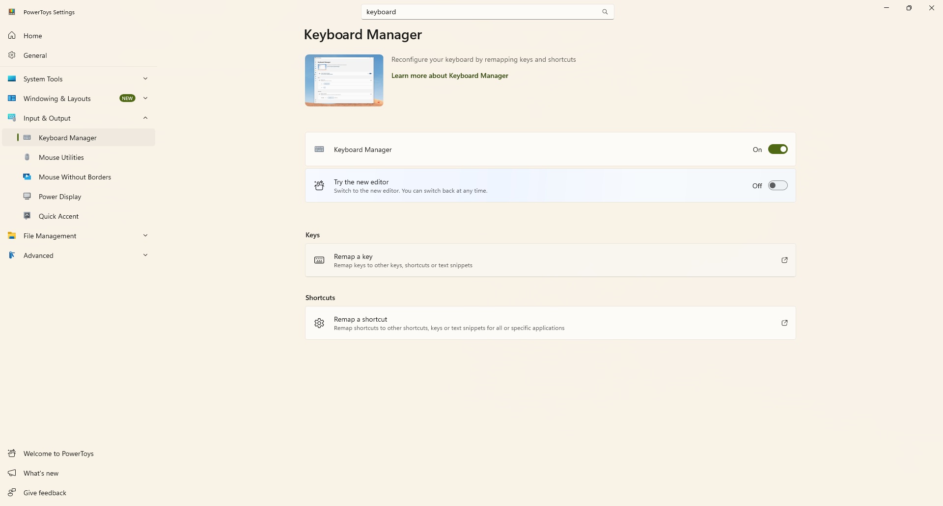 Keyboard Manager within Microsoft PowerToys