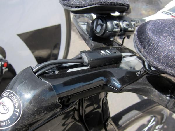 Leopard Trek's Speed Concept time trial machines normally have all of their Shimano Dura-Ace Di2 wiring tucked away beneath the stem cap but this control box is mounted up top where it's easily accessible.