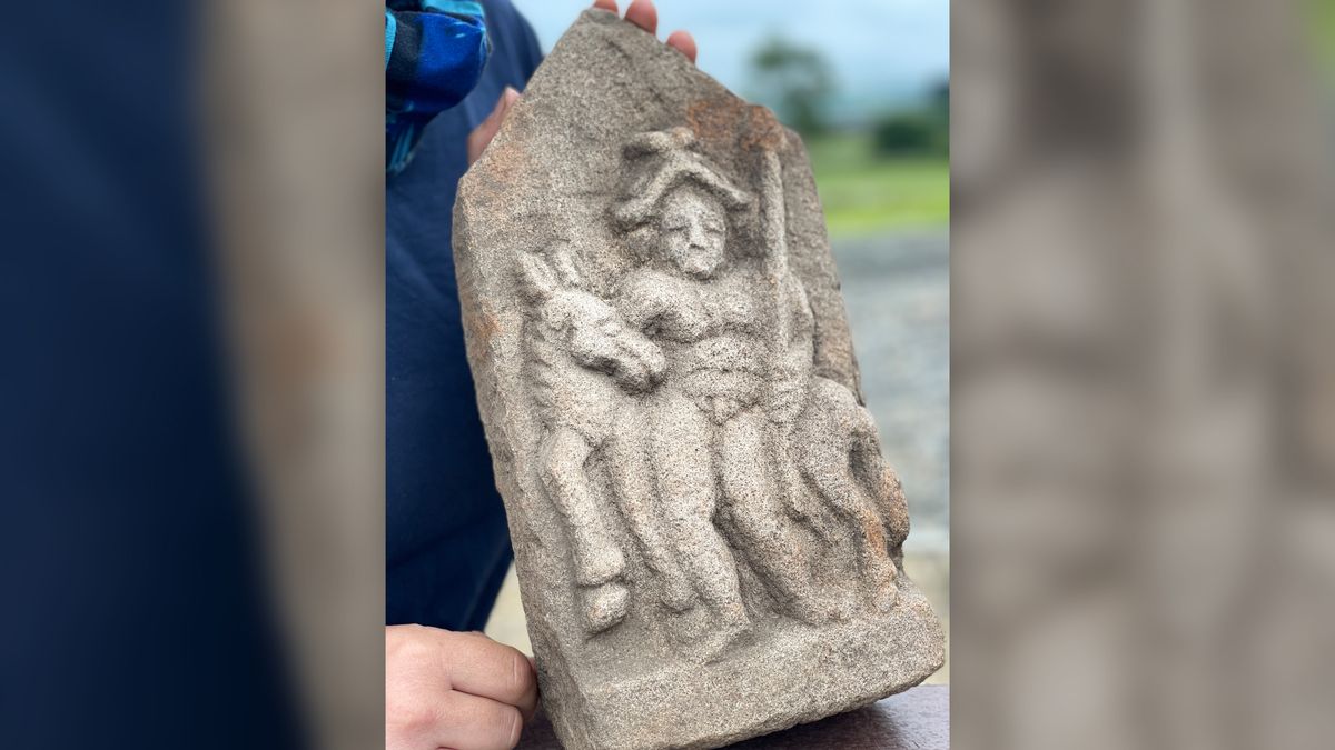 A Roman-era stone carving of a naked man holding a spear was found in a fort by Hadrian&#039;s Wall.