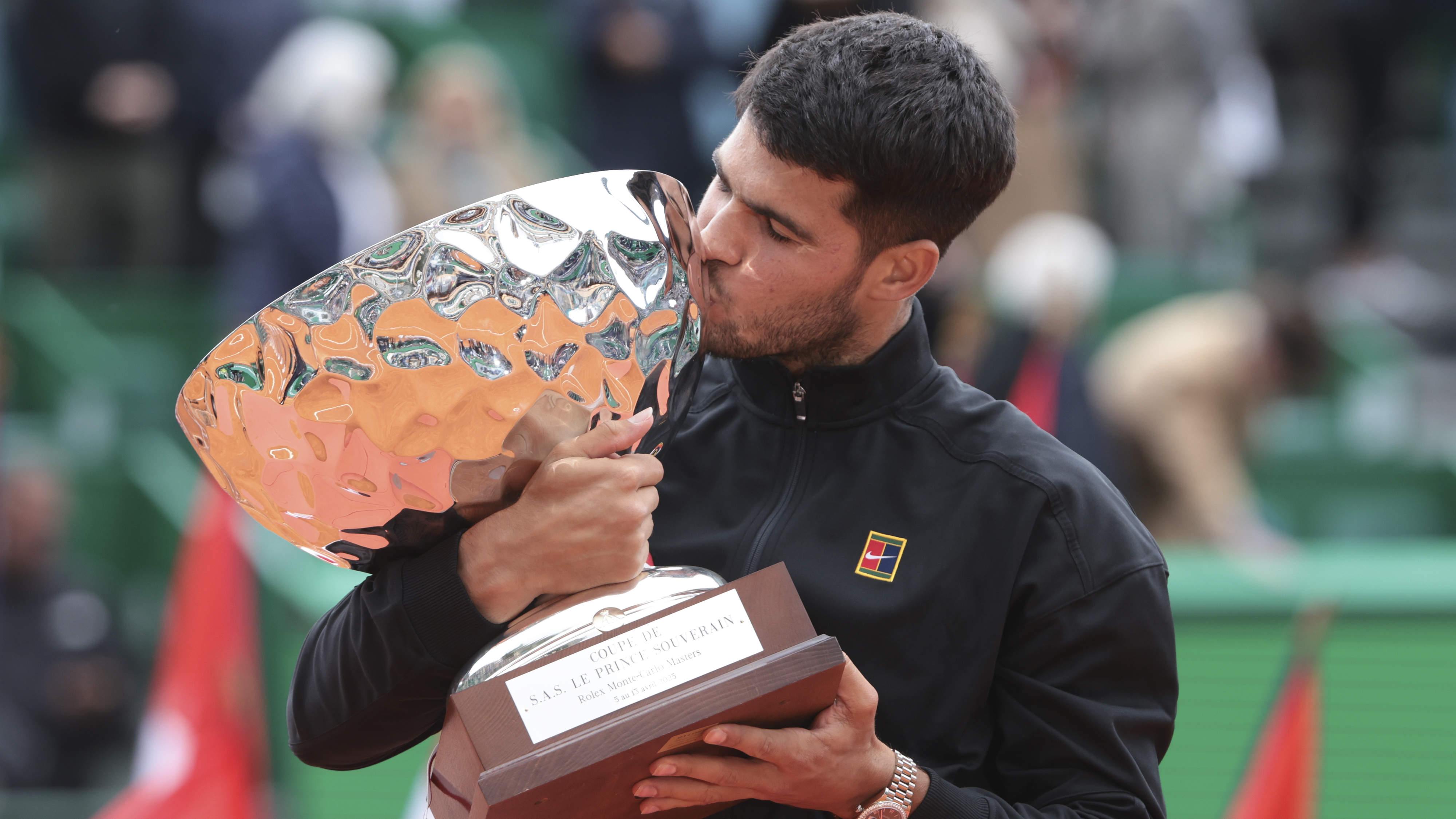 Winner Carlos Alcaraz of Spain during the trophy ceremony following the Men's Final between Carlos Alcaraz of Spain and Lorenzo Musetti of Italy on day 8 of the Rolex Monte-Carlo Masters 2025