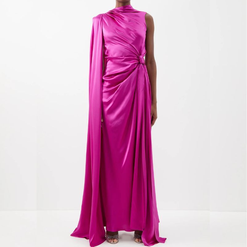 pink evening gown with draped shoulder