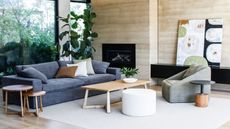 A living room with an electric fireplace, a grey sofa and a green arm chair