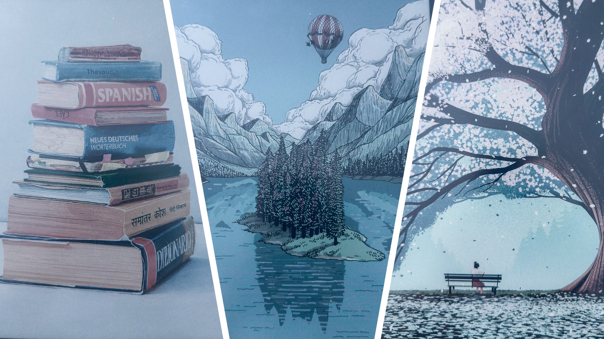 A split image of three wallpaper artwork on the Kindle Scribe Colorsoft